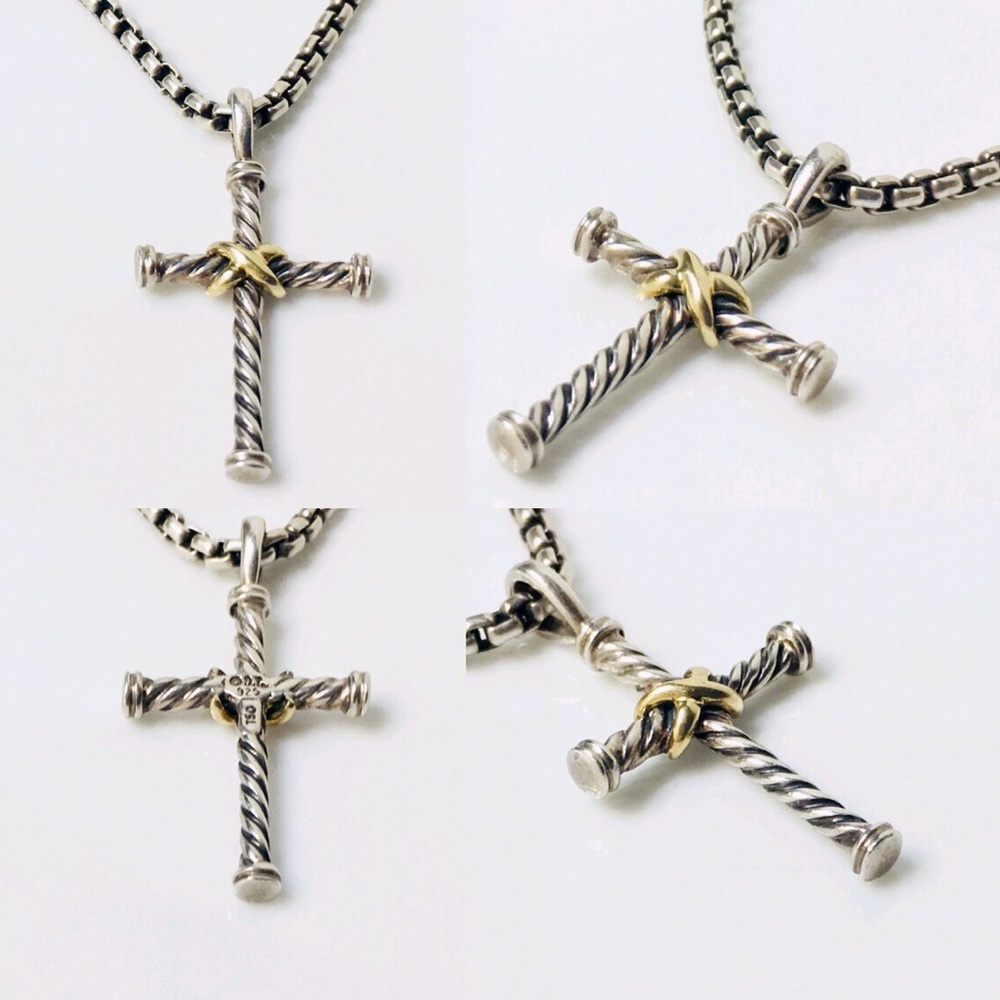 David Yurman Sterling & 18k X Cable Cross Pendant - Picture 2 of 8